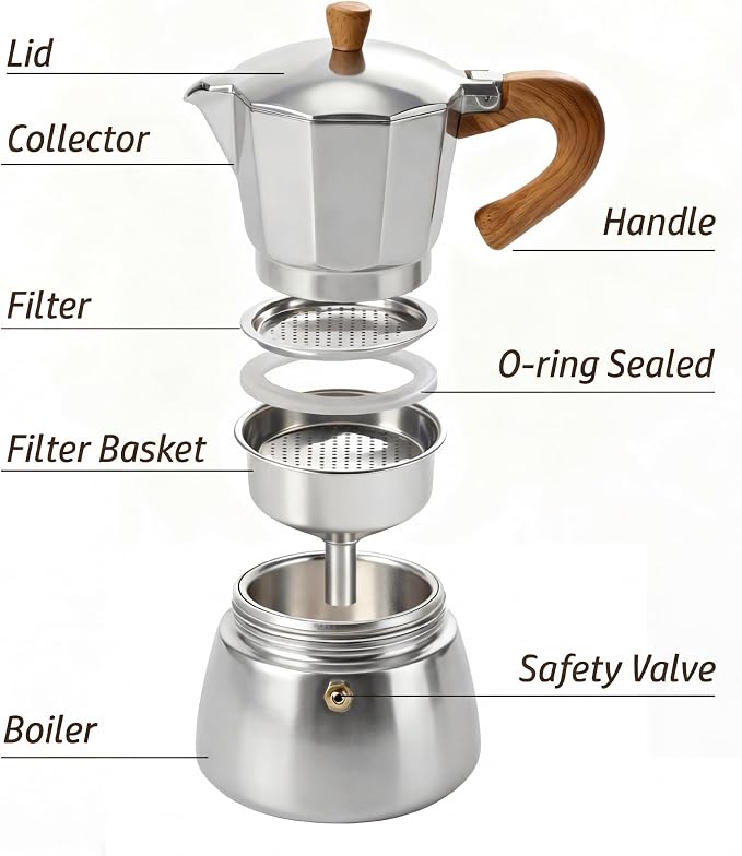 AGOGO Milano Moka Pot Stovetop Espresso Maker with 100 Paper Filters for Sediment-Free Coffee, Classic Italian Greca with Wood-Grain Handle,Cleaning Brush & Towel 6 Cup (10oz / 300ml) Silver