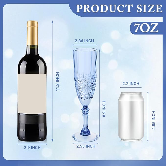 Plastic Champagne Flutes, Champagne Glasses Bulk, Reusable Unbreakable Acrylic Wine Glasses Goblets for Weddings Bachelor Parties Toasting Bridal Shower (12, Blue)