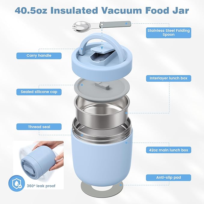 Thermo for Hot Food Adults, 40.5oz Wide Mouth Soup Thermo Lunch Containers with Spoon, Stainless Steel Vacuum Insulated Bento Lunch Box,Lunch Containers with Handle(Blue)