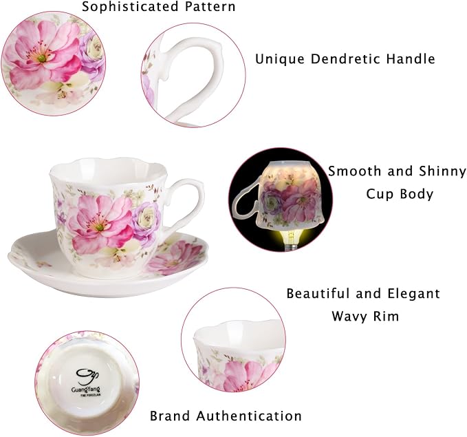 GuangYang 7 oz Porcelain Tea Cups and Saucers Set of 6, Pink Floral Design – Elegant Gift Set for Tea Lovers, Coffee, Cappuccino, Mocha, Weddings, Housewarming & Holidays
