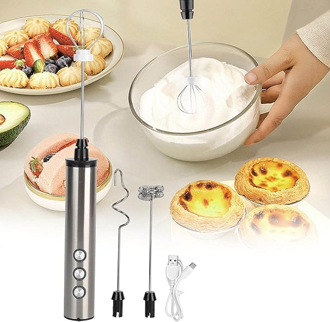 Milk Frother, Milk Mixer, Stainless Steel Milk Frother USB Charging Handheld Electric Egg Beater for Home Kitchen