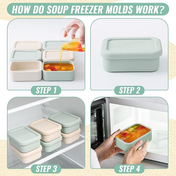 Teenyyou 6 Packs 1 Cup Silicone Soup Freezer Molds with Lid Silicone Soup Freezer Trays Rectangle Reusable Food Preserving Tray Freezing Sauces Stews(Sage Green, Beige)