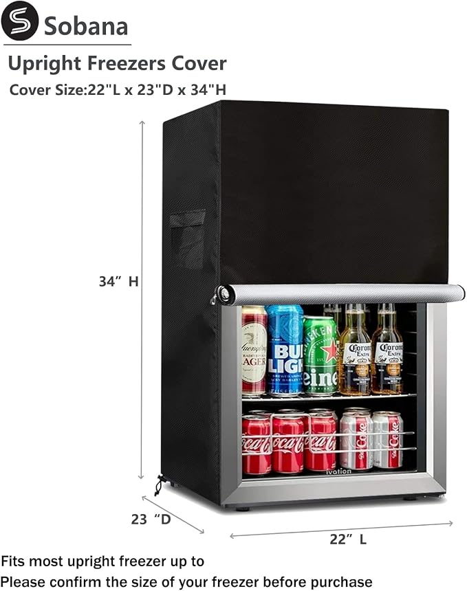 Upright Freezers Cover,Waterproof Outdoor Fridge Cover with Double Zipper for 3.0 Cubic Compact Mini Freezer (22" W x 23" D x 34" H,Black)