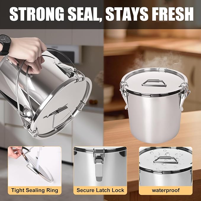 FULIYE 21L/5.6GAL and 34L/9GAL Stainless Steel Airtight Canister, Food Storage Canisters with Airtight Lid&Locking Clamp Rice Cereal Grain Canisters, Storager Bucket for Flour, Coffee Bean, Sugar