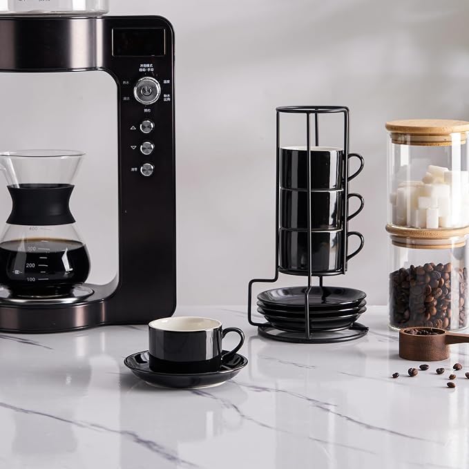 2.5oz Espresso Cups Set of 4, Porcelain Stackable Espresso Cups with Saucers and Metal Stand Set, Black Expresso Shots Cup Set