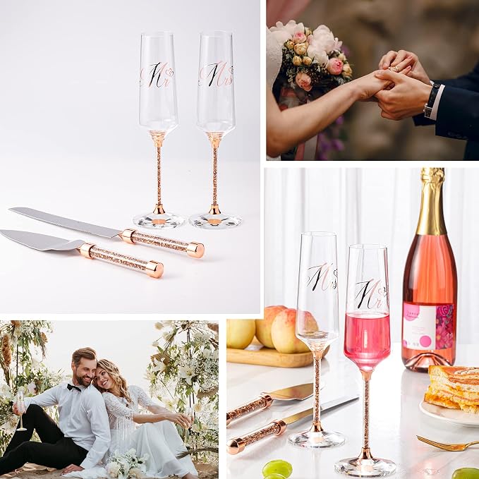 Wedding Champange Flutes and Cake Knife Server Set, Rose Gold Mr and Mrs Champagne Glasses for Bride and Groom Toasting