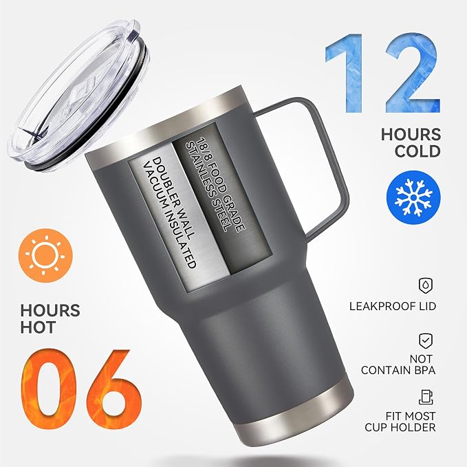 30 oz Tumbler with Handle and Lid, Stainless Steel Tumblers Bulk Double Wall Vacuum Insulated Travel Mug Leak Proof Cup Keep Drinks Cold and Hot Grey, 4 Pack