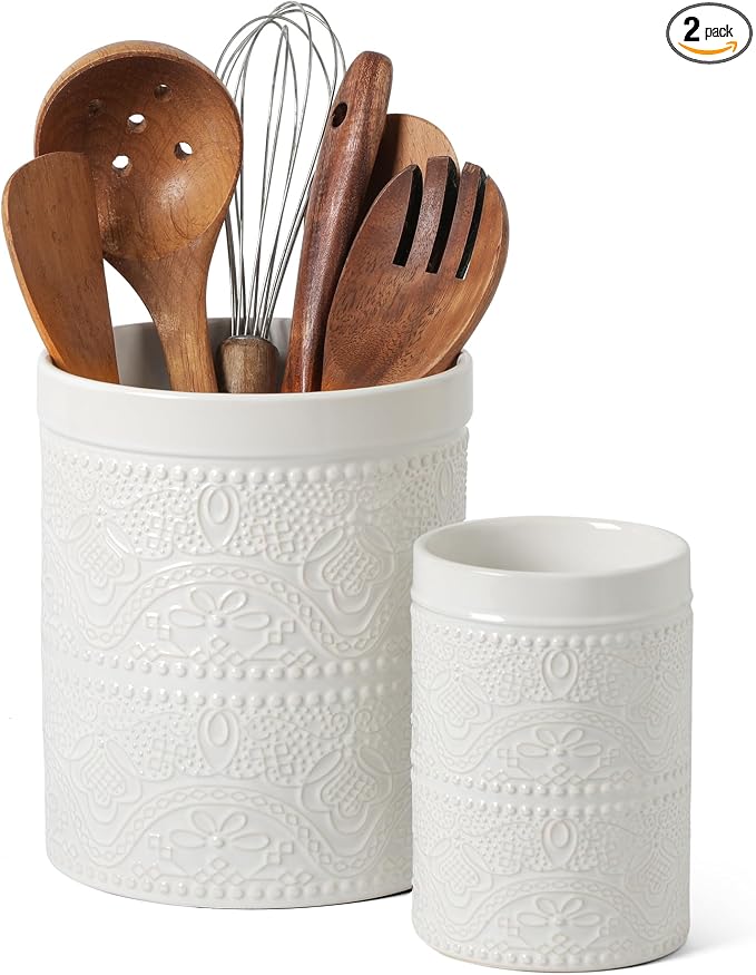 FUN ELEMENTS Kitchen Utensil Holder, 7.2+5.5" Super Large Utensil Crock Heavy and Stable Lace Emboss Ceramic Utensil Holder for Kitchen Counter(2Pcs Bright White)