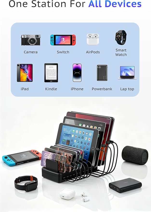 320W Charging Station for Multiple Devices, 10-Port USB Fast Charging Dock Adjustable Dividers & 8 Cables, 65W Laptop Port, Fireproof & Anti-Slip for Office Home Gamers