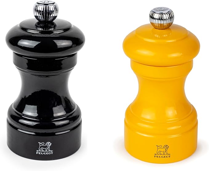 Peugeot Bistro Pepper and Salt Mill Set, 4in - Beechwood Mills with Adjustable Grinding - For Peppercorns and Rock Salt, Corrosion-Resistant - Essential Kitchen Tools (Black/Saffron)