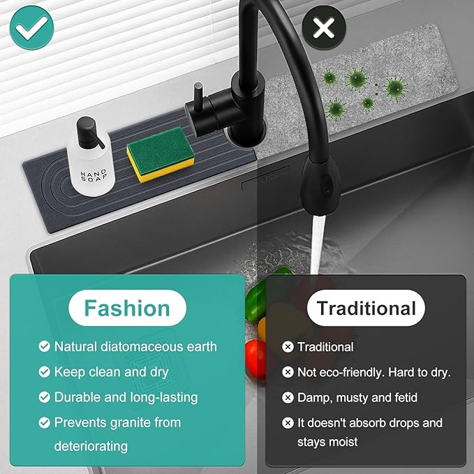 Small Stone Kitchen Sink Faucet Mat Diatomite Water Absorbing Stone Tray for Sink Protector Quick Dry Around Faucet Sink Splash Guard Drying Mat for Kitchen Counter Decor