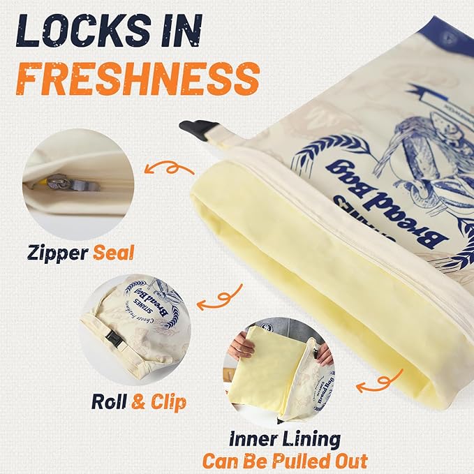 Reusable Beeswax Bread Bags (2-Pack) – 16.5×12.6 Inches, Natural Cotton Bread Bags with Zipper Closure, 10L Large Capacity & Portable Design, Fridge-Safe, for Sourdough & Homemade Food
