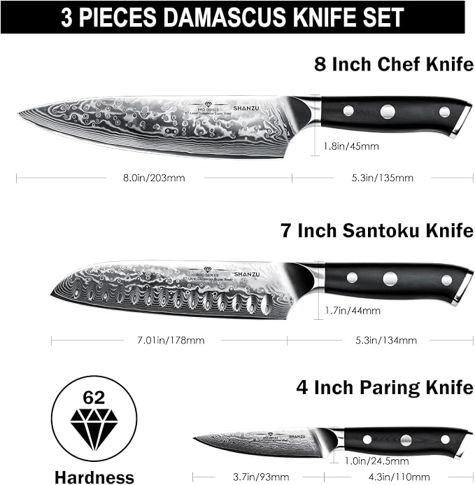 SHAN ZU Damascus Knife Set, Japanese Super Steel 3 PCS Damascus High Carbon Professional Ultra-Sharp Kitchen Chef Knife Set with G10 Handle Gift Box