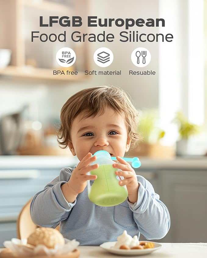 Jelly Ruru Silicone Reusable Baby Food Pouches with Straws, 8 Pack Leakproof Refillable Squeeze Pouches, Dishwasher, Freezer, Microwave Safe, 5OZ Baby Food Storage for Homemade Puree, Yogurt