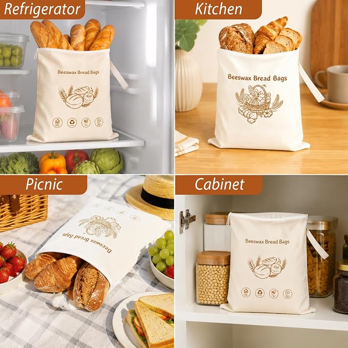 2 Pack Beeswax Bread Bags for Homemade＆Sourdough, 17"x13" XL Reusable Organic Linen with Wide Zipper, Freezer-Friendly Eco-Friendly Storage for Bread, Keeps Loaves Fresh Longer