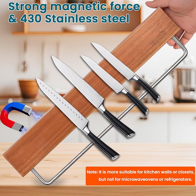 Nerien Magnetic Knife Holder Strip for Wall - 17" Acacia Wood Knife Magnetic Strip with 10pcs Hooks, No Drilling Knives Magnet Block Rack, Magnet Knives Storage Holders for Kitchen Utensil Organizer