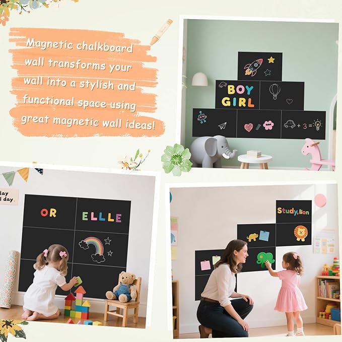 Magnetic Chalkboard Wall Decal Black Set of 6 Peel and Stick Magnet Sheets with Tangram Puzzle and Multiple Accessories Magnetic Chalkboard for Home Playroom and Classroom