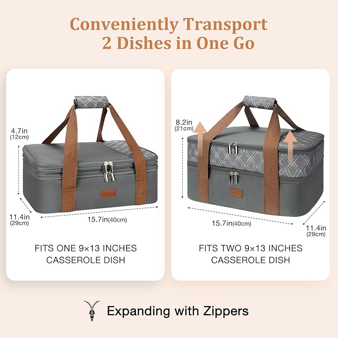 Expandable Casserole Carrier Bag - Double Decker Food Bag, Insulated Casserole Carrier for Hot or Cold Food, Lasagna Holder Tote for Picnics,Beaches,Traveling or Gifts