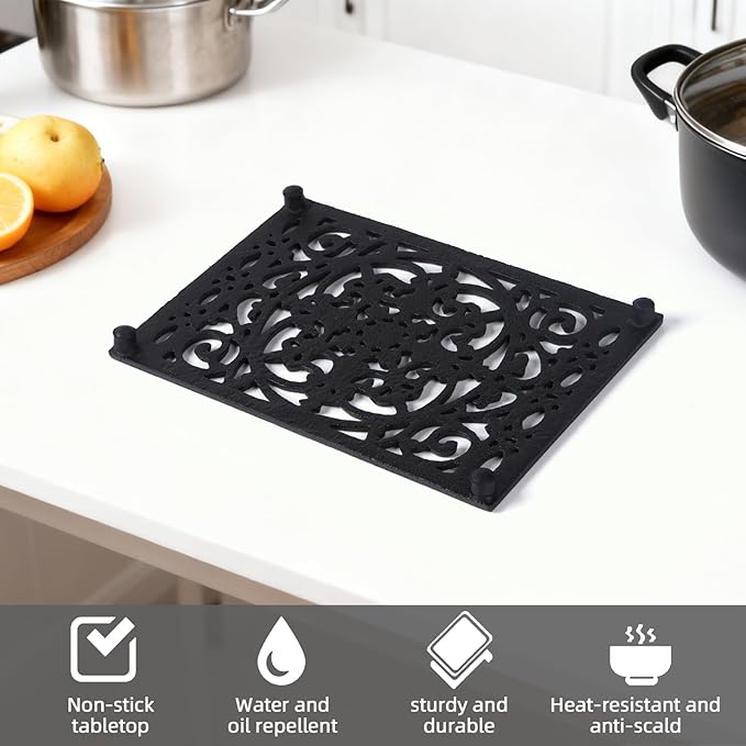 Notakia 9.6 x 6.3 Inch Cast Iron Trivet Set, Large Metal Trivets for Hot Dishes Pots Pans Decorative Kitchen Trivets, Heat-Resistant Trivet Mats for Quartz Countertops, Table Cooktop (Black, 2 Pack)