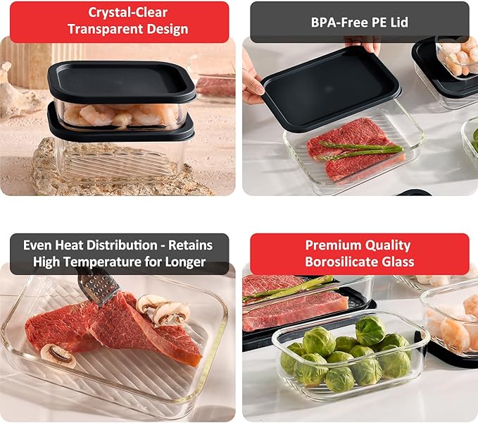 EATEX Grooved Base Glass Meal Prep Containers, 14 Pack Glass Food Storage Containers with Lids for Meal Prep & Lunch, Microwave Oven Freezer Dishwasher Safe, Anti Moisture Non-Stick Design - Black