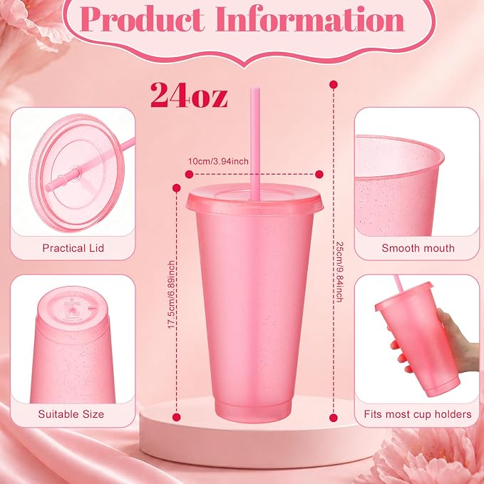 Honeydak 60 Pack Tumbler with Straw and Lid Bulk Cups for Gifts Glitter Plastic Coffee Cups 24-27 oz Reusable Water Bottle Iced Coffee Travel Mug Party Favors for Birthdays Travel (Clear Pink)