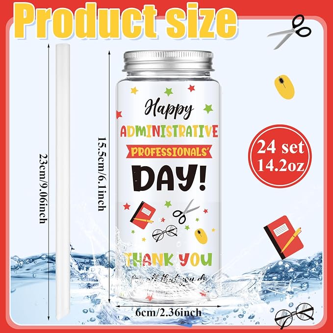 Skylety 24 Pcs Administrative Professional Day Appreciation Gifts 14 oz Plastic Cup with Lids and Straw Admin Assistant Gifts for Office Secretary Employee Coworker Retirement