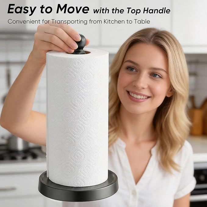 theaoo Paper Towel Holder Countertop, One-Handed Tear Paper Towel Stand Dispenser with Damping Function for Kitchen Bathroom, Stainless Steel Paper Towel Holder with Weighted Non-Slip Base (1, Black)
