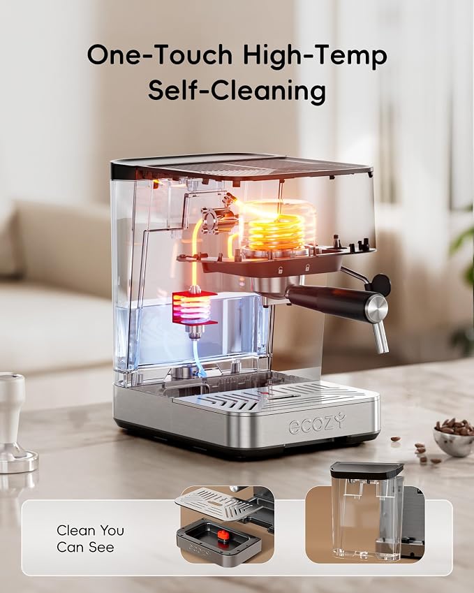 ecozy 2-in-1 Espresso Machine with Milk Frother, Guided Touchscreen | Coffee Maker Combo for Brewing Barista-quality Coffee, Lattes, Cappuccinos, and Americanos at Home