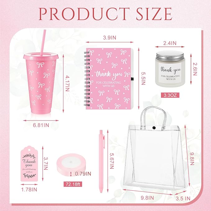 Nuogo 6 Sets New Parent Shower Prizes for Player Winners Adult, Wedding Bridal Shower Gift, Plastic Tumbler Notebook Scented Candle Ballpoint Pen Bag (Pink Color,Bow Style)