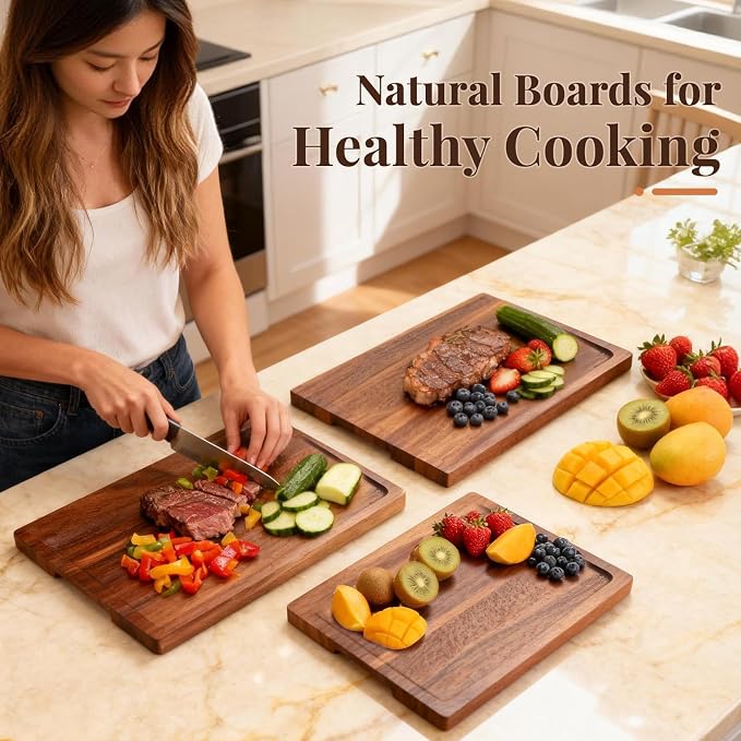 Walnut Wood Cutting Boards for Kitchen 3 Packs, Solid Wooden Cutting Board Set with Holder, Large-Small Chopping Boards with Deep Juice Grooves, Non Toxic 100% Natural, Perfect House Warming Gifts