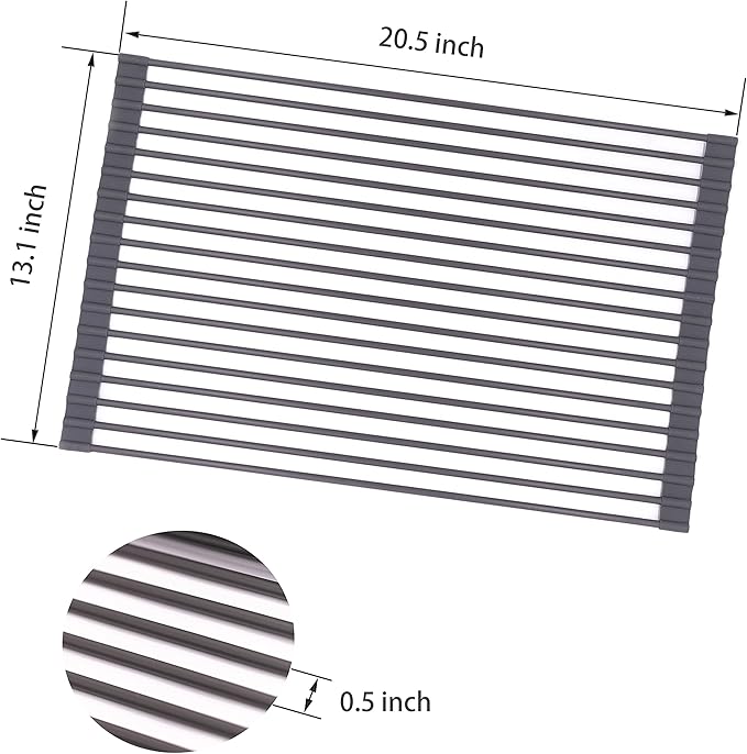 Bigdata&BetterLife Roll Up Dish Drying Rack Simple Large Space Saving Dish Drying Mat for Kitchen Foldable Silicone Coated Stainless Steel Heavy Duty Dry Rack(Black, 20.5" x 13.1")