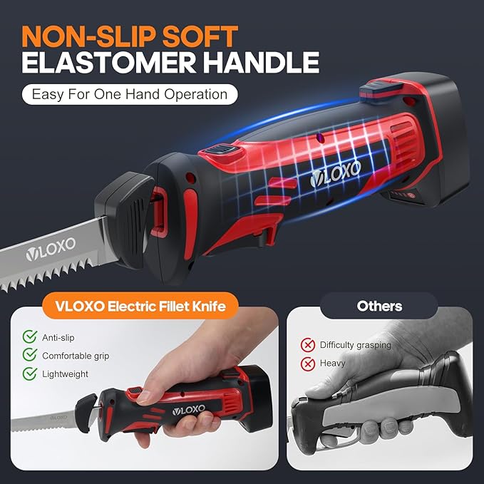 VLOXO Electric Fillet Knife-Cordless Electric Carving Knife with 2 Stainless Steel Blades Safety Lock Non-Slip Grip Rechargeable Electric Knives for Meat Slicing Turkey Bread Fish Includes Storage Case