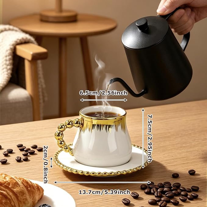 Espresso Cups Set of 4, 8 oz Ceramic Coffee Cup and Saucer Set with Spoons, Gold Trim Coffee Cup Mugs for Latte, Mocha, Tea, Au Lait, Flat White, Dishwasher & Microwave Safe