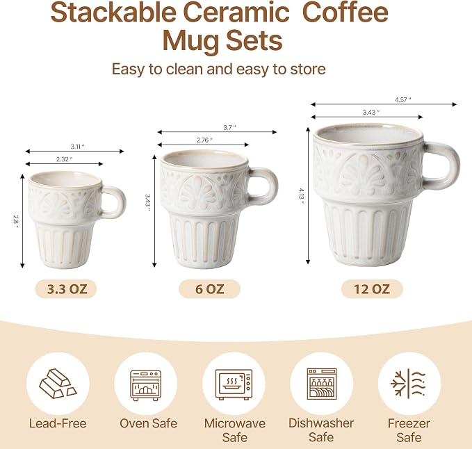 Mugs Set of 4, Ceramic Coffee Mug 12 OZ Beige, Stackable Mug, Set of 4, Microwave & Dishwasher Safe, Comfortable Grip for Latte Cappuccino Hot Chocolate, Perfect for Home Office & Holiday Gifting