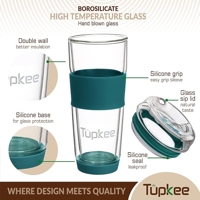 Double Wall Glass Tumbler - 14-Ounce, All Glass Reusable Insulated Tea/Coffee Mug & Lid, Hand Blown Travel Mug - Cyan