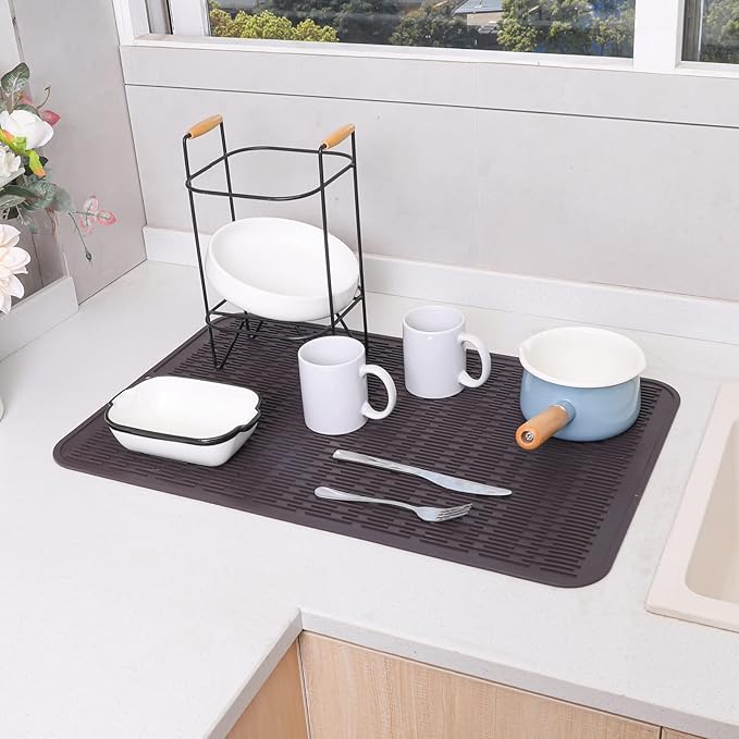 MicoYang Silicone Dish Drying Mat for Multiple Usage,Easy clean,Eco-friendly,Heat-resistant Silicone Mat for Kitchen Counter or Sink,Refrigerator or Drawer Liner Coffee 3XL 28 inches x 18 inches