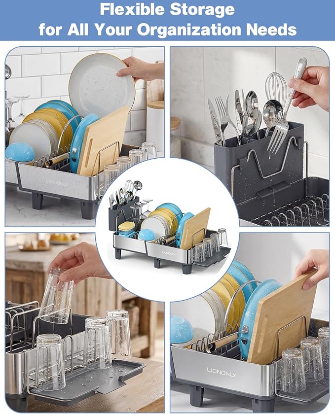 Dish Drying Rack, 304 Stainless Steel Expandable Dish Rack with Adjustable Drain Spout, Large Capacity Dish Drainer with Utensil Holder, Cup Holder and Cutting Board Rack for Kitchen Counter, Gray