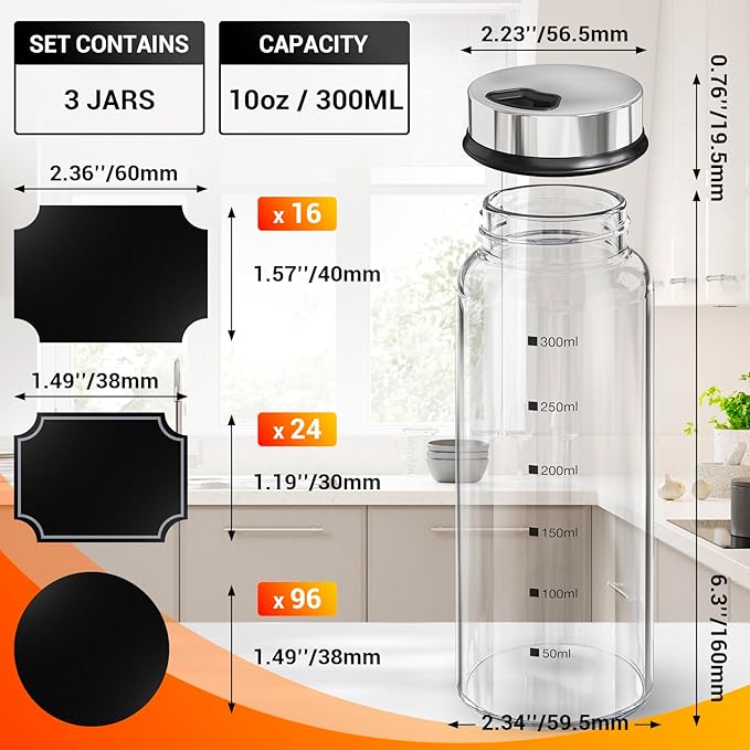 Segarty Glass Spice Jars, 3 Pack 10oz Large Spice Jar with Labels, Spice Container with Adjustable Shaker Lids, Salt Pepper Shakers Set Seasoning Bottles with 136 Stickers, 1 Chalk Marker and 1 Brush