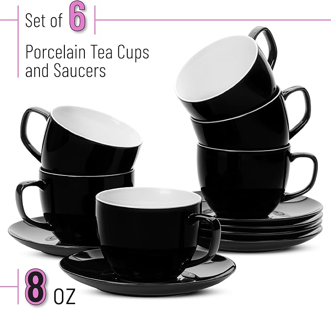 BTaT- Cappuccino Cups with Saucers 8 oz, Set of 6, Black Porcelain Coffee Cup and Saucer Set for Latte, Mocha, Tea, Au Lait, Flat White, Dishwasher, Microwave, Freezer and Oven Safe