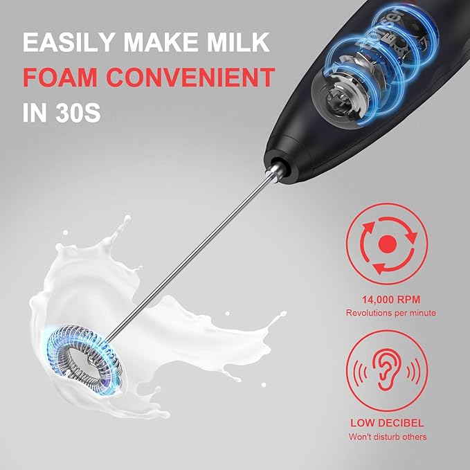 Bonsenkitchen Milk Frother Handheld Battery Operated Electric Foam Maker, Drink Mixer with Stainless Steel Whisk for Cappuccino, Matcha (Silver+Black)