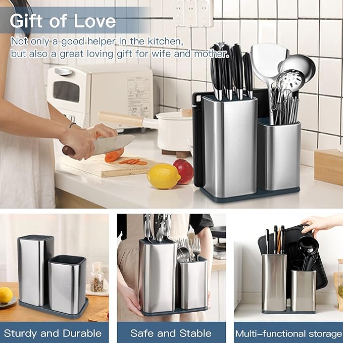Universal Knife Block, Stainless Steel Universal Knife Holder Block Without Knives, Modern Kitchen Knife Storage Organizer for Countertop (with Cleaning Brush) (Stainless Steel/Silver)
