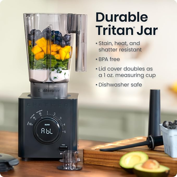 Chefman Obliterator 48 oz Countertop Blender for Smoothies, 1380W Motor to Crush Ice, Nuts, and Frozen Fruit with Stainless Steel Blade, Auto Blend Function, Includes Tamper and Scraper