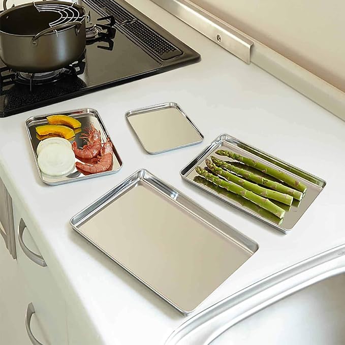 TeamFar Baking Sheet Set of 4, Stainless Steel Baking Pan Cookie Sheet | 16/ 12.5/ 10/ 9.3 Inch Toaster Oven Sheet Pan Tray for Baking Roasting, Non Toxic & Healthy, Mirror Finish & Dishwasher Safe
