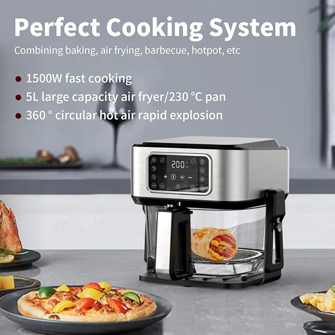 5.2QT 5-in-1 Multifunction Air Fryer with Removable Grill Pan, See-Through Window & Touchscreen, Air Fryer Oven for Grilling Steaks, Boiling, Stewing, Roasting, Baking, Turbo Crisp Technology