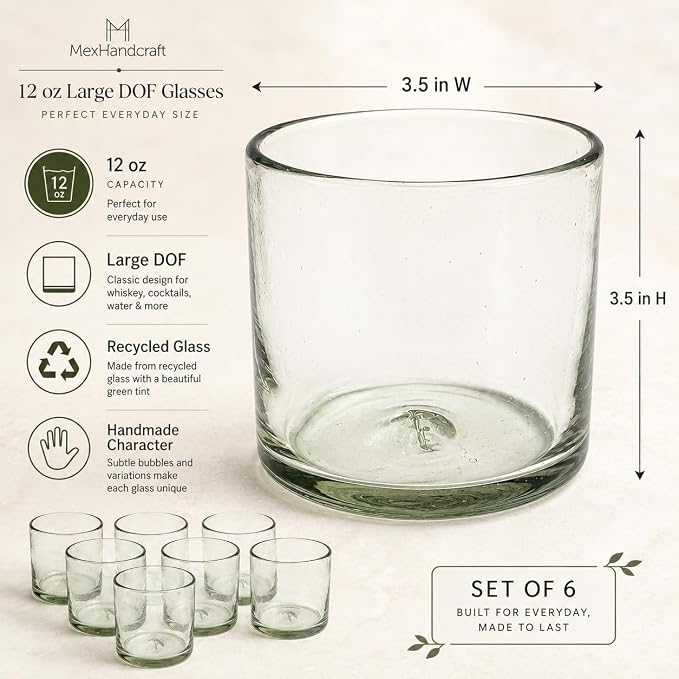 Clear 12 oz Large DOF Glasses (set of 6), Recycled Glass, Lead-free, Toxin-Free (12oz Large DOF)