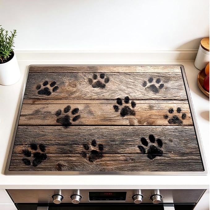Stove Top Cover for Electric Stove 28.35 x 20.47 Inch Non Slip Stove Mat Rustic Paw Print Glass Cooktop Protector Kitchen Counter Mat