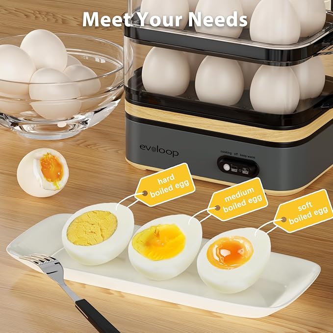 Evoloop Rapid Egg Cooker Electric 12 Eggs Capacity, Soft, Medium, Hard Boiled, Poached, Omelet Maker Egg Poacher & Vegetable Steamer, BPA Free Tray(Grey)