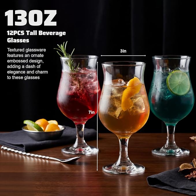 LemonRoad 12 Packs Goblet Cocktail Glasses, 13 oz Tulip Drinking Cups Tall Wine Glasses Multi Purpose Water Goblet for Party Mojito Juice Beer Beverages