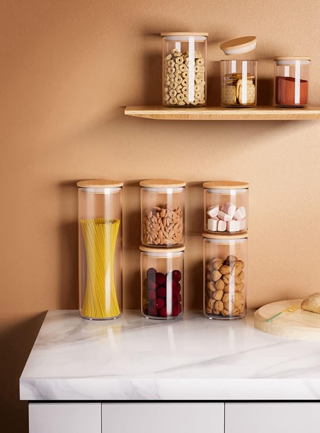 COCOYA 12 Oz Glass Jars with Bamboo Lid Set, UPGRADE Clear Thickened Glass Containers for Spice Tea Herb, Small Tiny Jars Food Storage Containers for Coffee Bean Seasoning sugar Kitchen Pantry (8Pack)