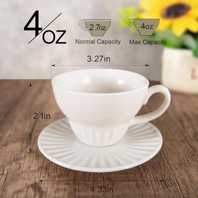 4 oz Espresso Cups Set of 6, Ceramic Cappuccino Cups with Saucers, Stackable Coffee Cup for Macchiato, Double shot, Tea, Coffee Lover Gifts, White